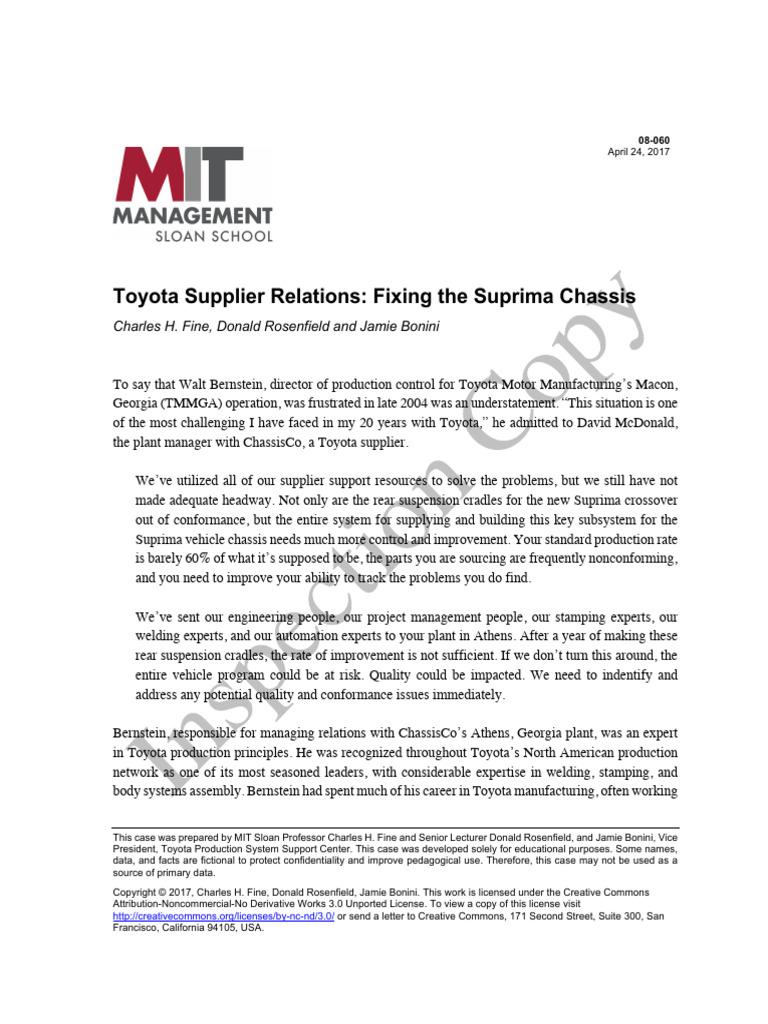 Toyota Supplier Relations Fixing The Suprima Chassis Pdf Lean