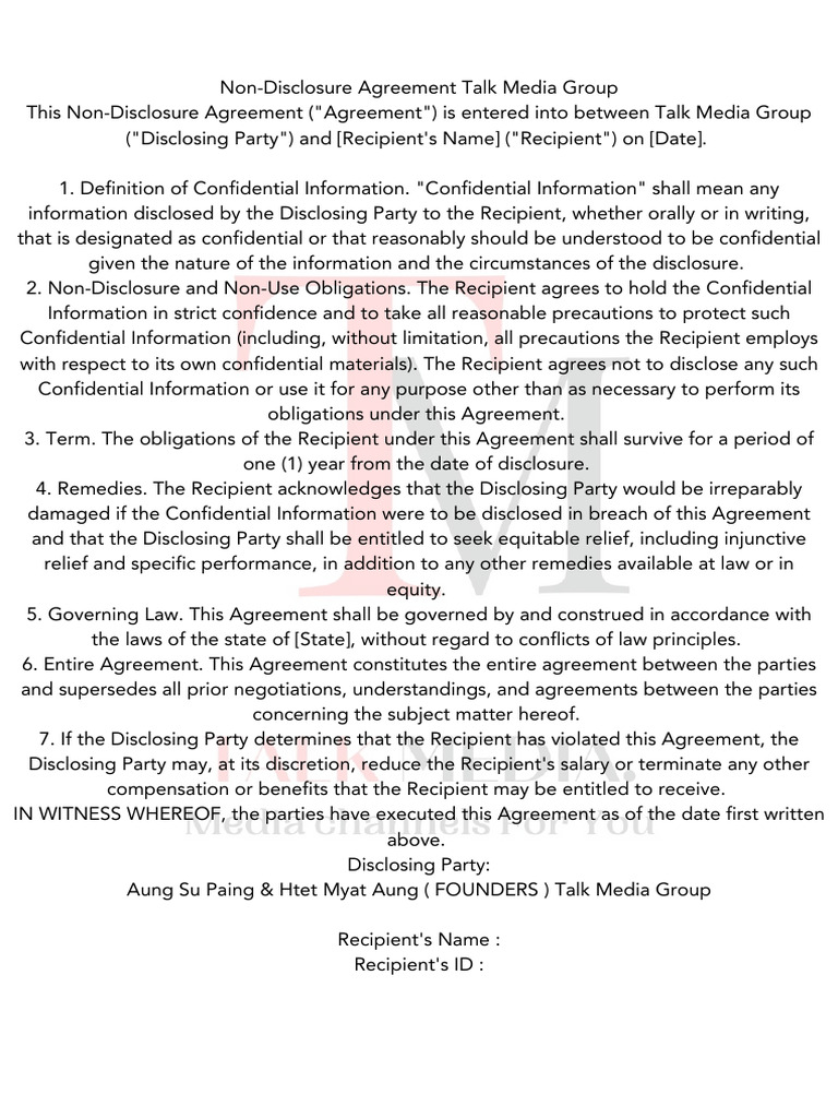 Talk Media Group Non-Disclosure Agreement | PDF | Legal Remedy | Non ...