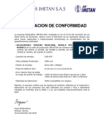 Declaracion de Conformidad Op018769 para Imequipos Serial 165187