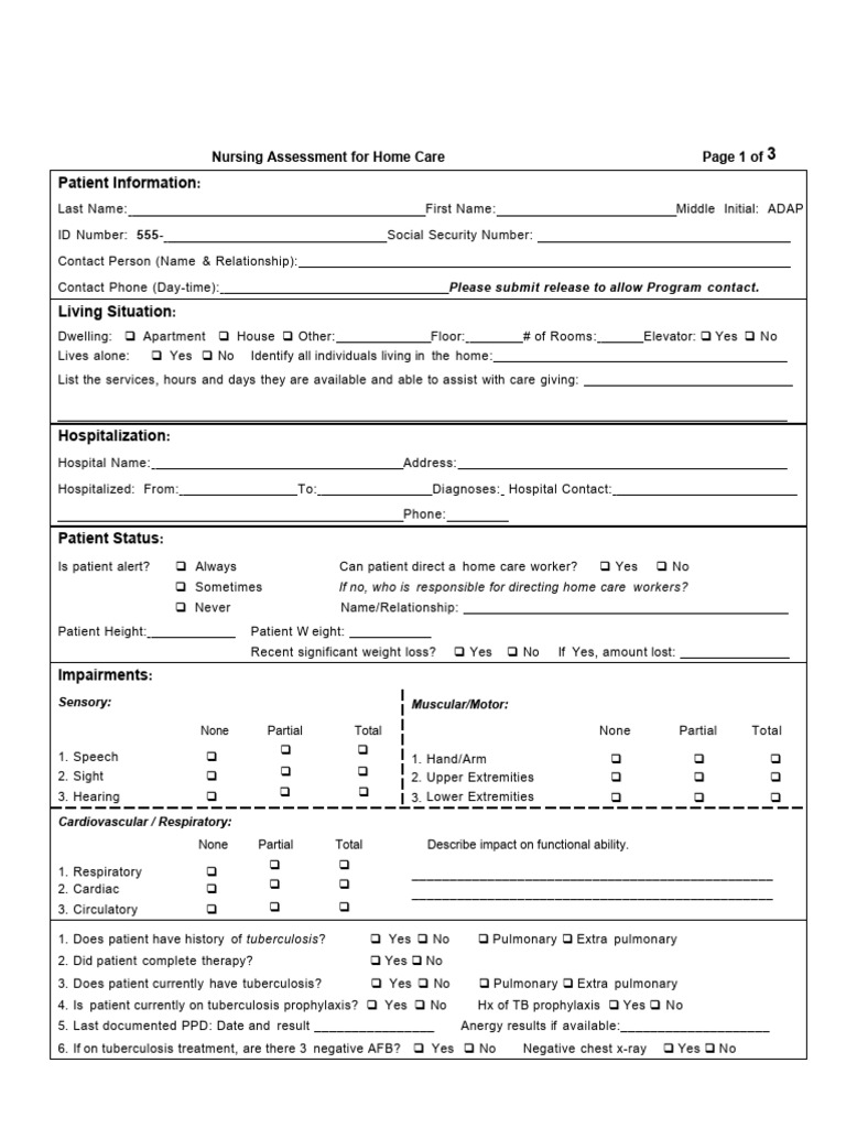 Home Care Nursing Assessment Guide | PDF | Intravenous Therapy | Mental ...