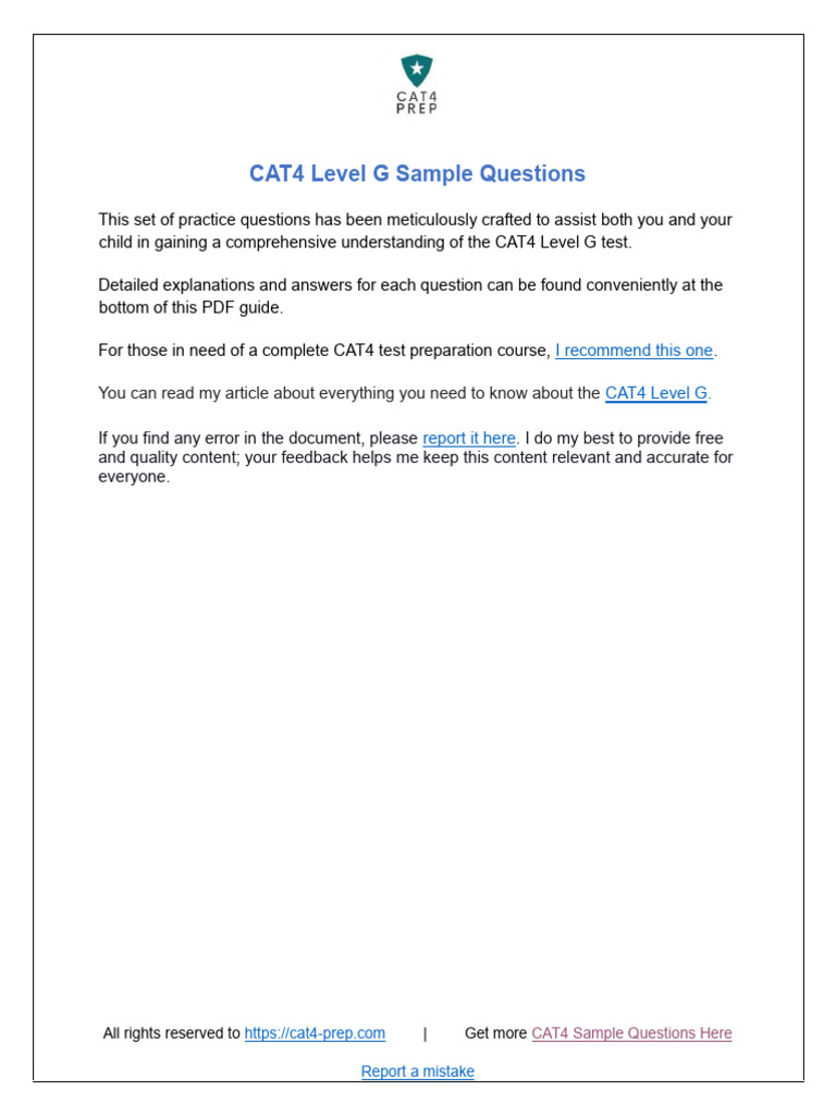 CAT4 LEVEL F SAMPLE QUESTIONS intelligence overview