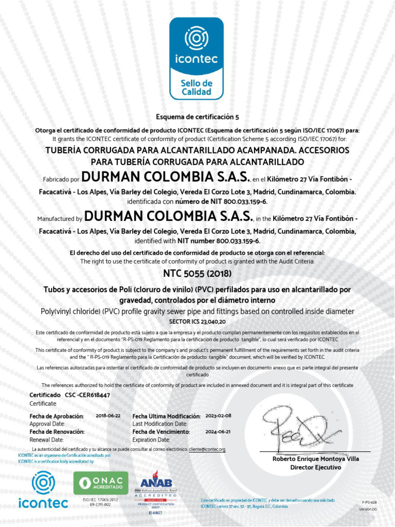 DURMAN+COLOMBIA+S A S ++CSC+-CER618447+-+Cert+-+5055 | PDF