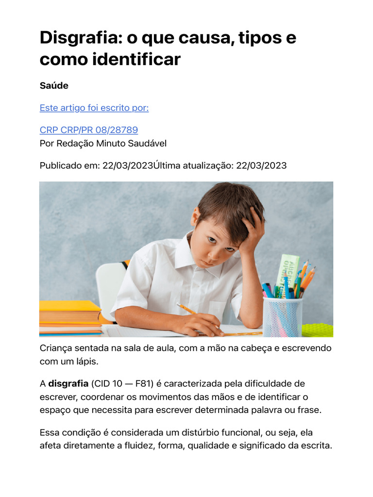 Disgrafia: Causas, Tipos e Sintomas | PDF | Aprendizado | Pedagogia