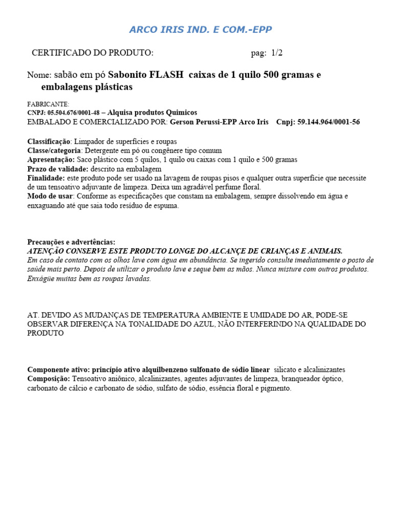 Sabão em Pó Flash: Composição e Uso | PDF | Carbonato de sódio | Química