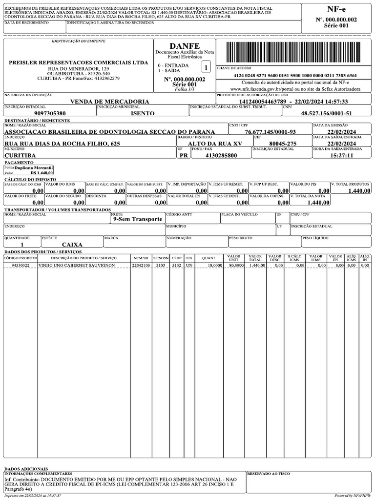 NF-e 2 Emitida 22 02 2024 - Cliente ABO PR | PDF