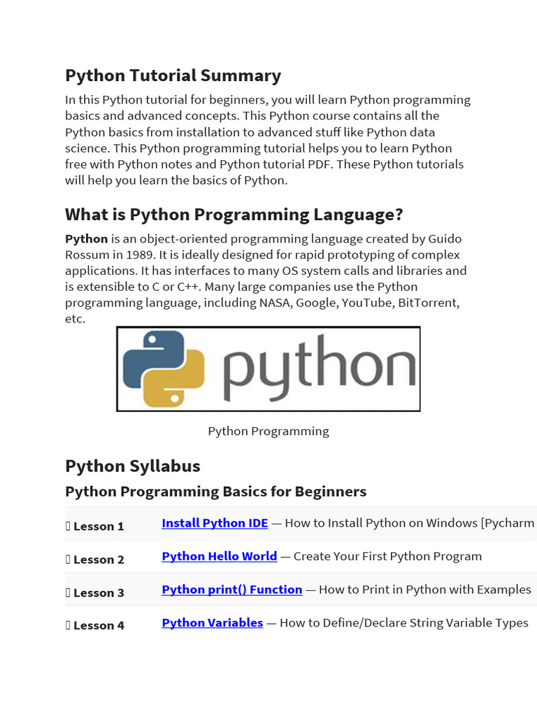 Python Tutorial Summary | PDF | Python (Programming Language) | Java ...