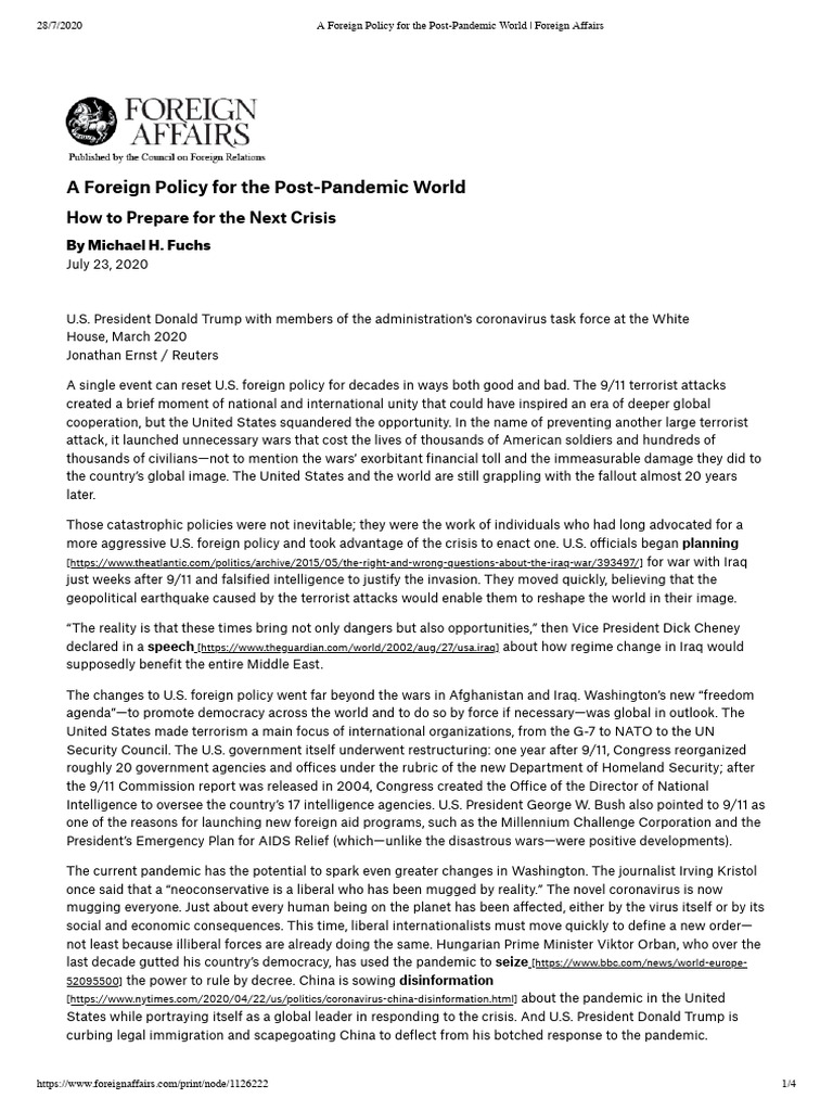 A Foreign Policy For The Post-Pandemic World - Foreign Affairs | PDF ...