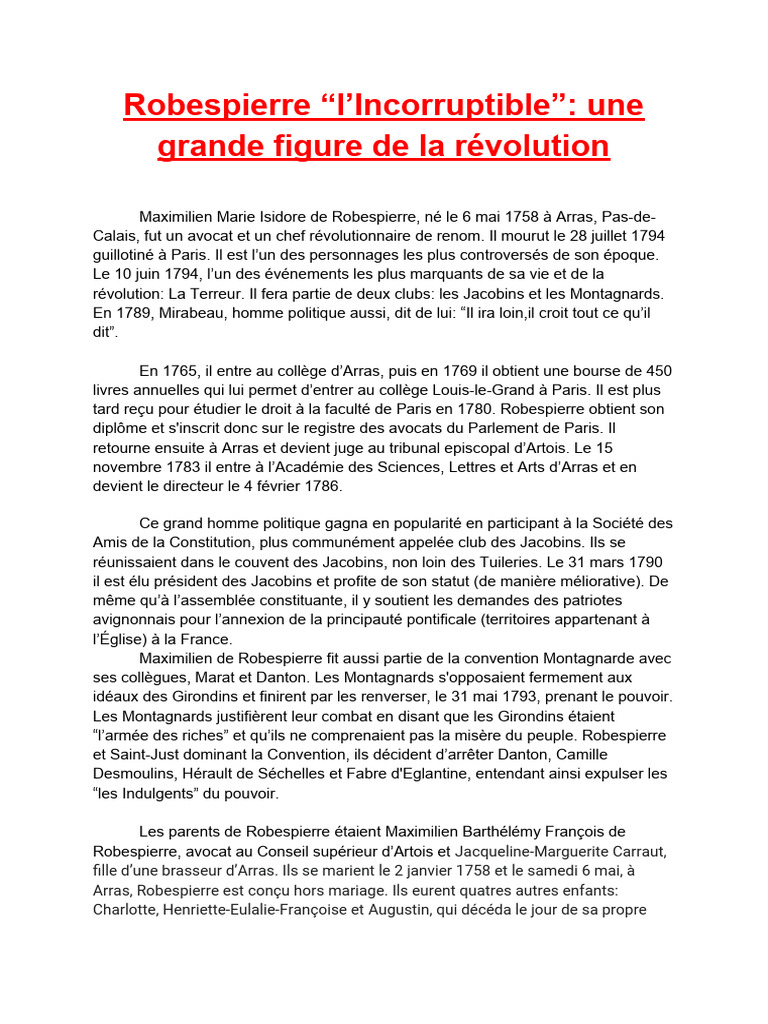 Robespierre : L'Incorruptible Révolutionnaire | PDF | Maximilien ...