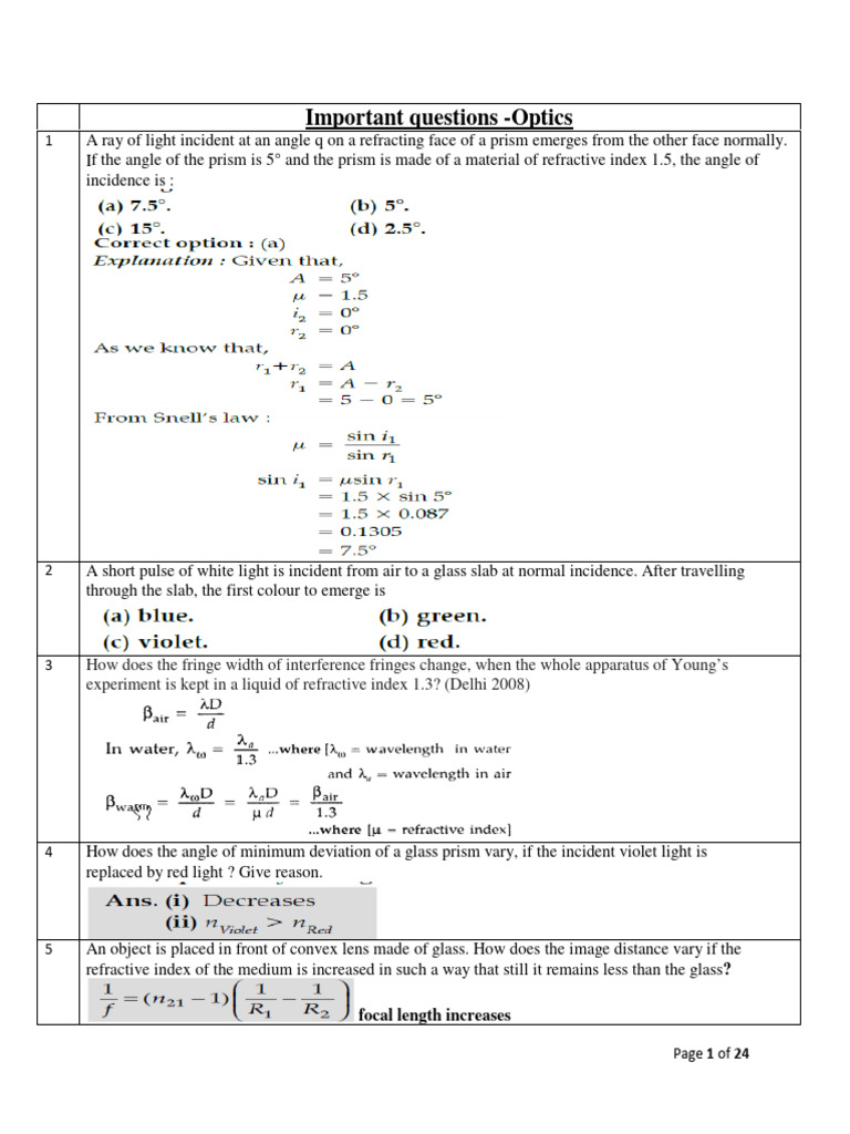 Optics Important Questions Download Free PDF Refractive Index