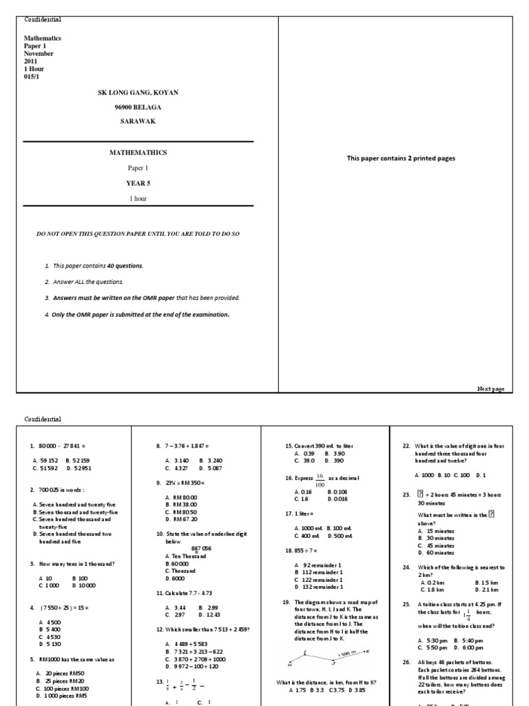 Year 5 Mathematics Exam Paper 2011 | PDF | Teaching Mathematics | Science