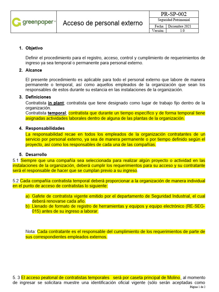 PR-SP-002 V1 Acceso de Personal Externo DIC21 | PDF