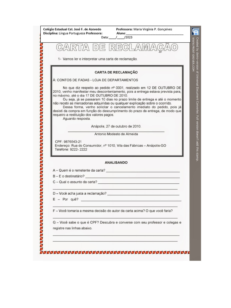 Atividades de Carta de Reclamação 4º Ano | PDF