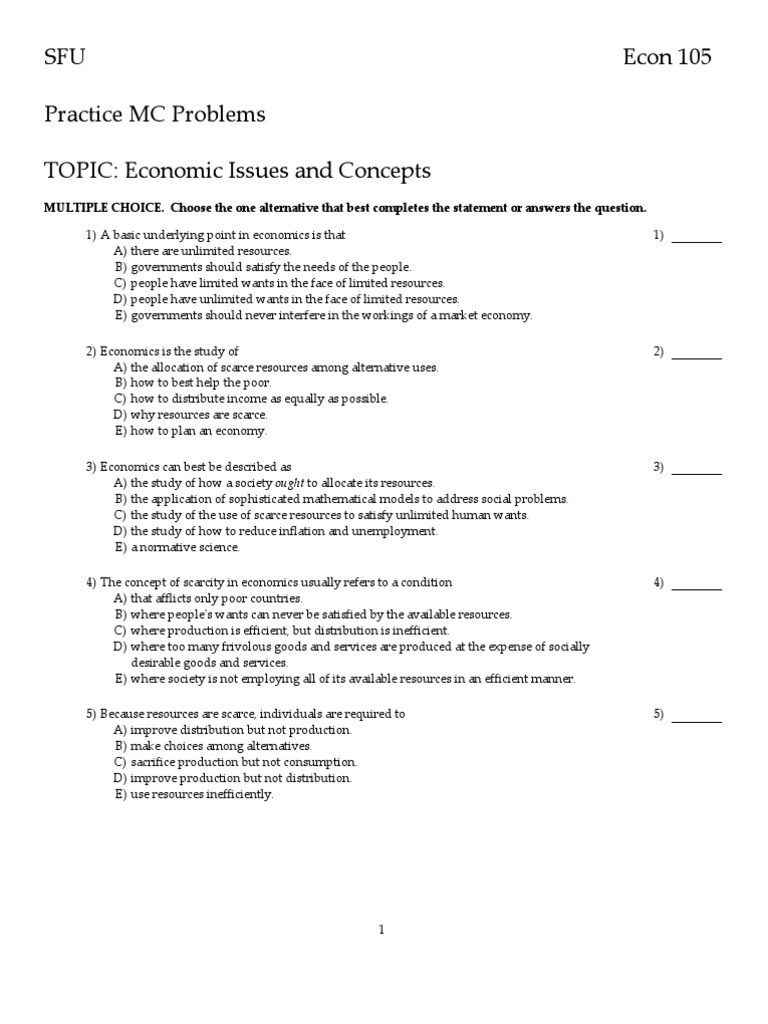 Econ 105 Chapter 1 Practice MCQs | PDF | Factors Of Production | Output ...