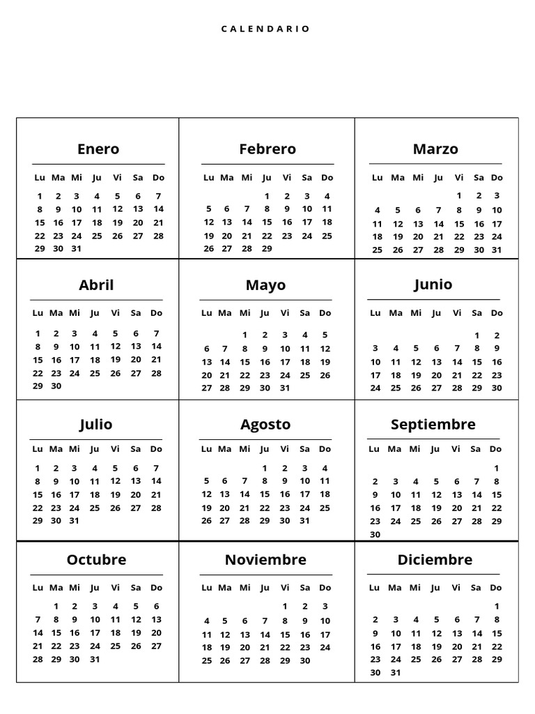Documento A4 Calendario Anual 2024 Simple Blanco y Negro | PDF