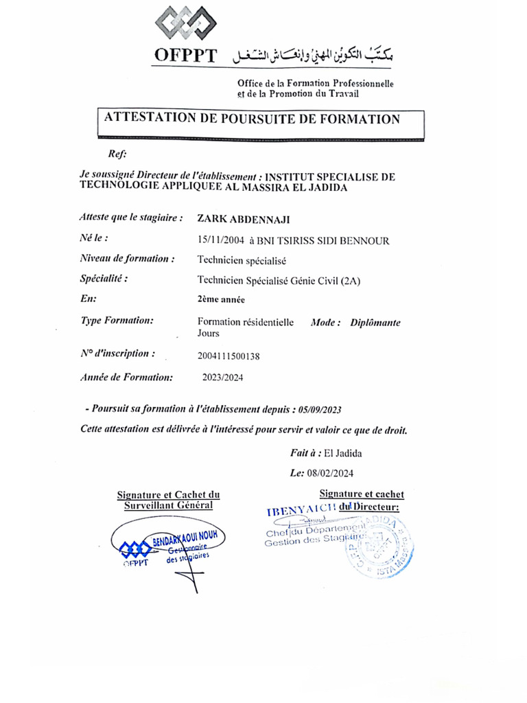 Attestation de Poursuite de Formation (Abdennaji Zark) PDF