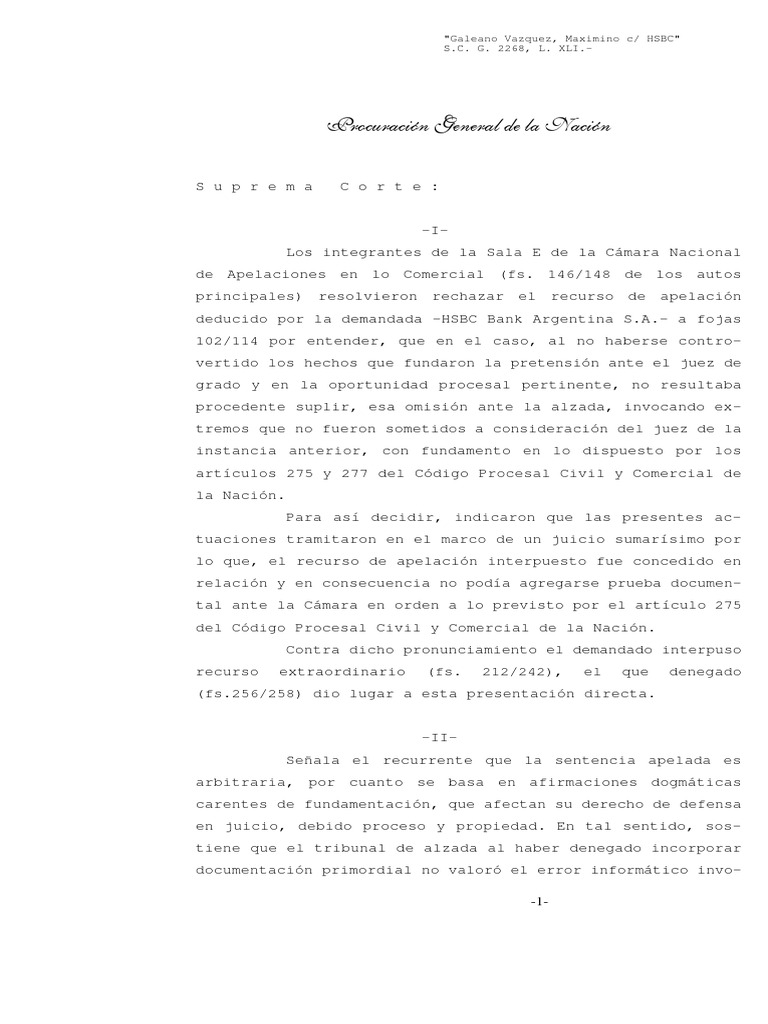 Galeano Vázquez, Maximino cH.S.B.C. Bank Argentina S.A. Ssumarísimo. DICTAMEN | Descargar gratis