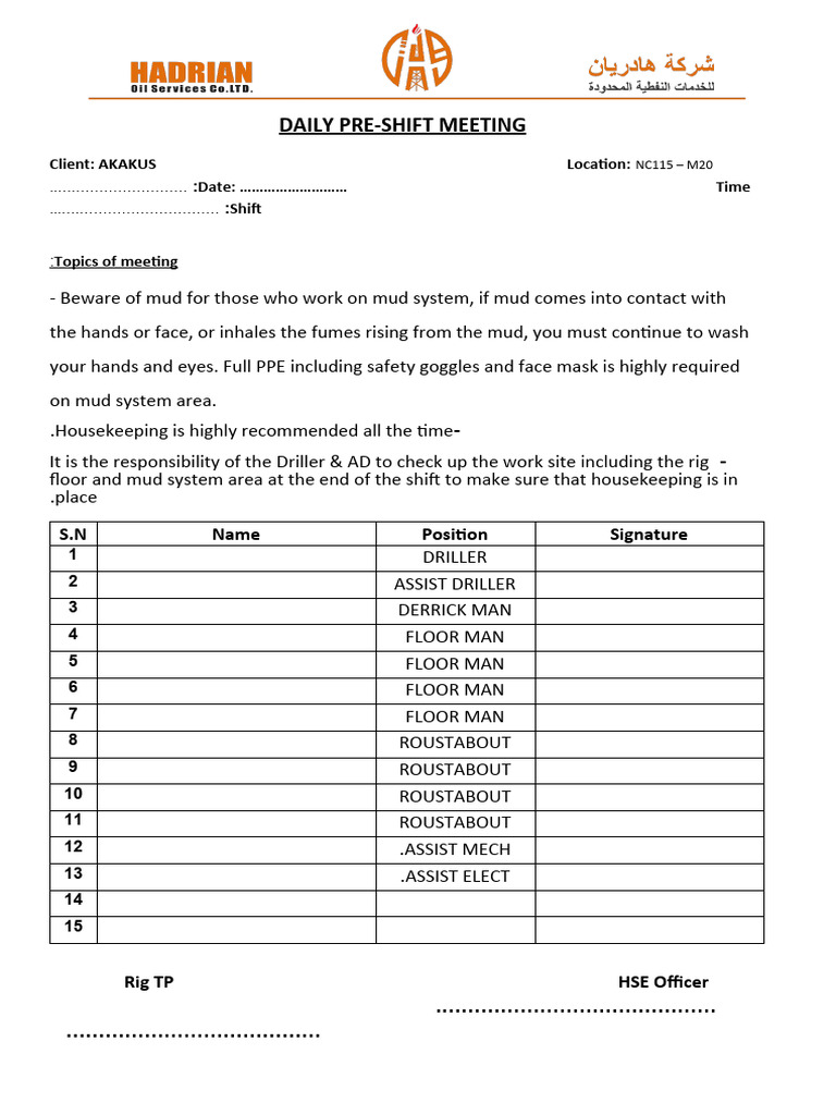 Daily Pre Shift Safety Meeting 26072023 PDF Daily Pre Shift Safety Meeting 26072023 PDF