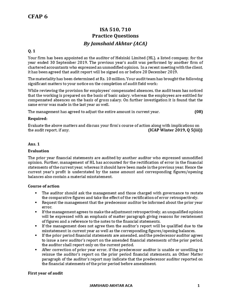 Isa 510 710 practice questions pdf auditor s report audit