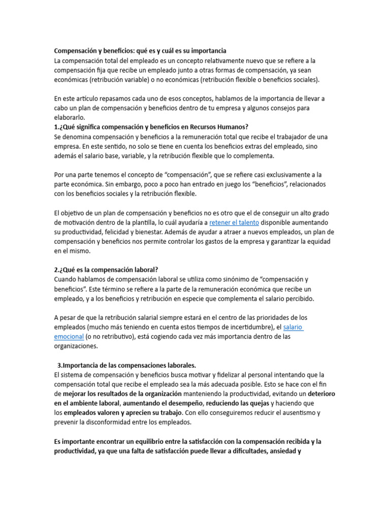 Compensación y Beneficios Laborales | PDF