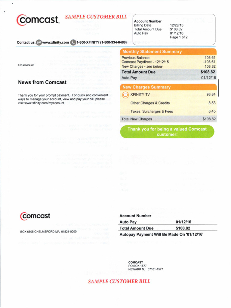 Xfinity Sample Bill Overview | PDF