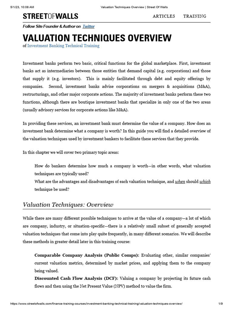 Investment Banking Valuation Techniques | PDF | Book Value | Discounted ...