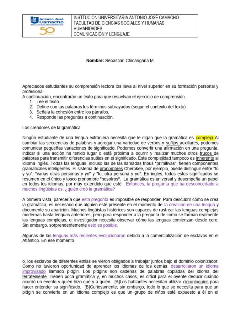 TRABAJO - Sebastian Chicangana | PDF | Gramática | Comunicación