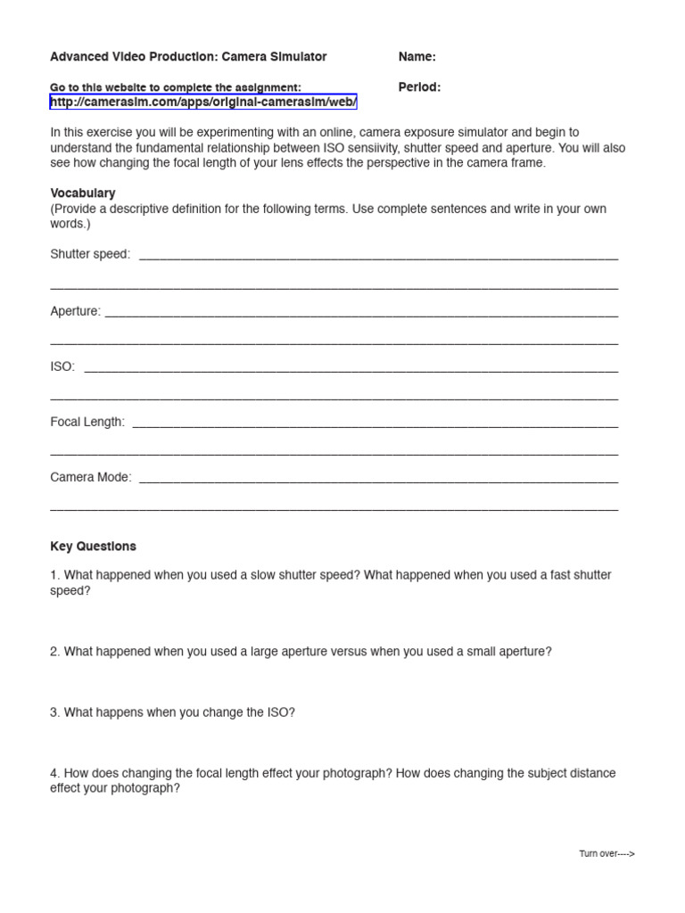 Camera Simulator Worksheet PDF Shutter Speed Camera