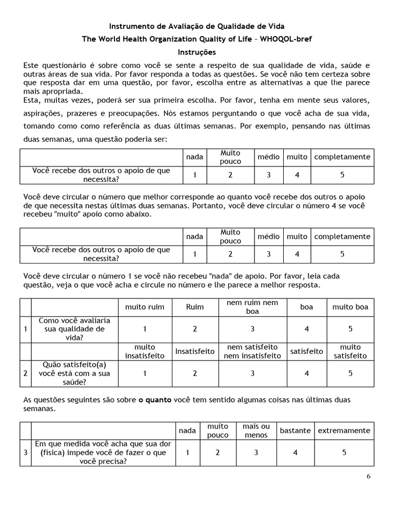Questionário WHOQOL-bref de Qualidade de Vida | PDF | Vida