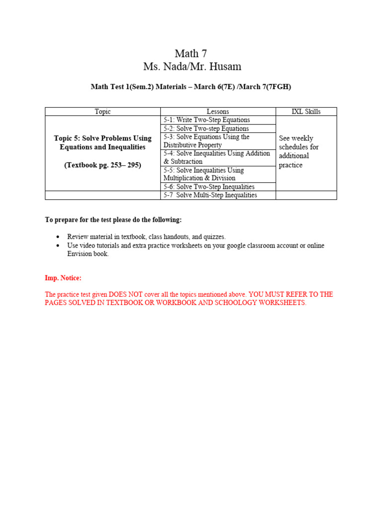 Topic 5 Test Material Pdf Equations Inequality Mathematics