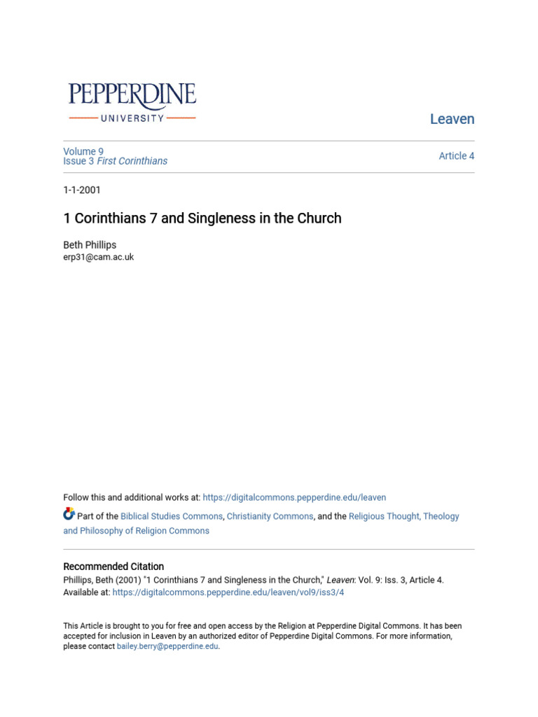 1 Corinthians 7 And Singleness In The Church Pdf Paul The Apostle