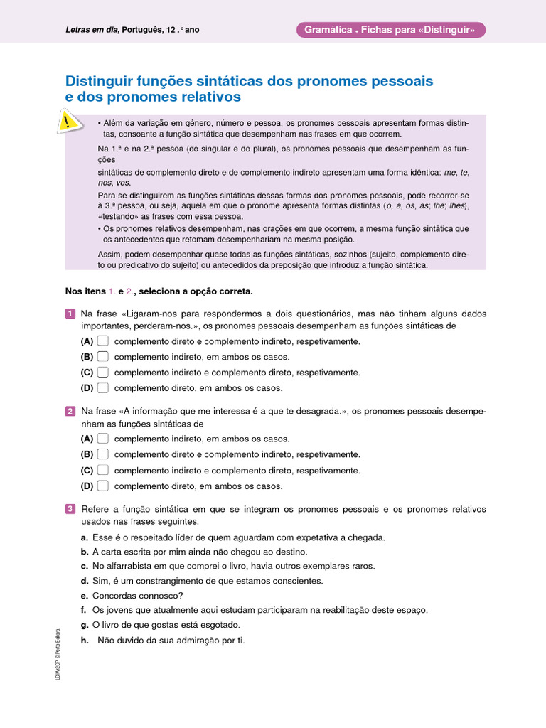 Funções Sintáticas Dos Pronomes Pdf