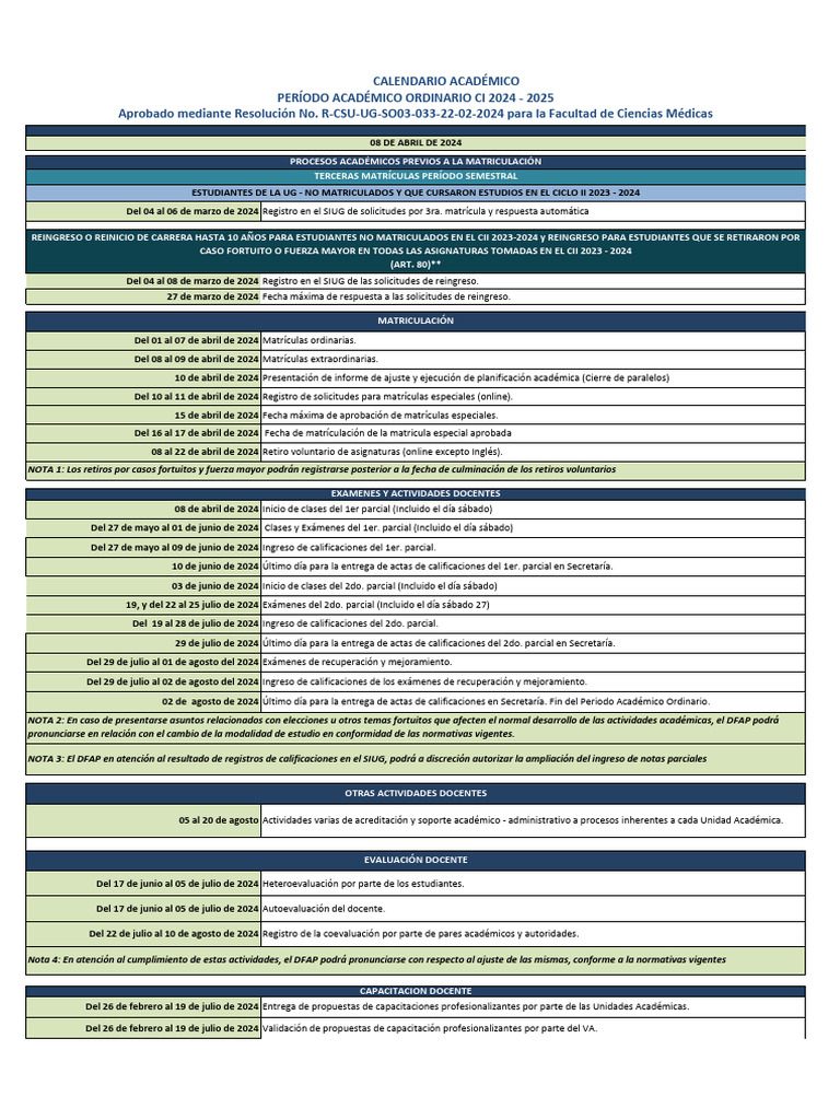 Calendario Académico UG 2024-2025 | PDF