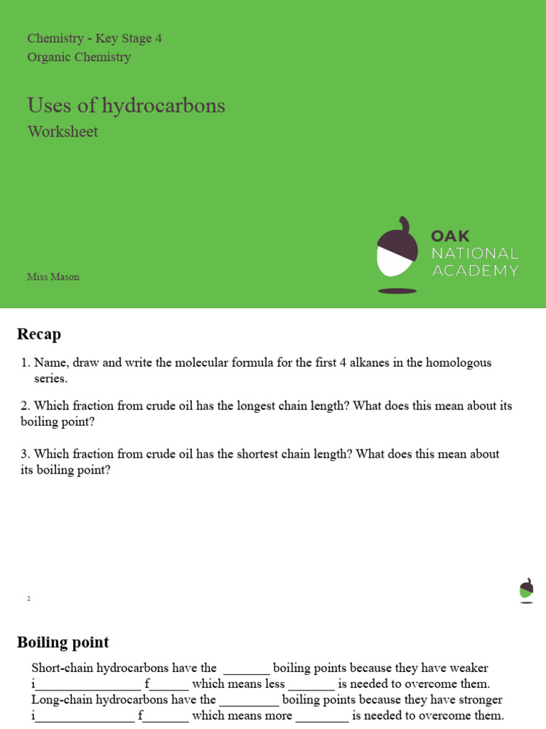 Uses of hydrocarbons - Worksheet | PDF | Hydrocarbons | Combustion