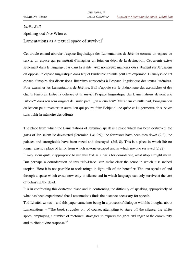 Spelling out no where lamentations as a textual space of survival