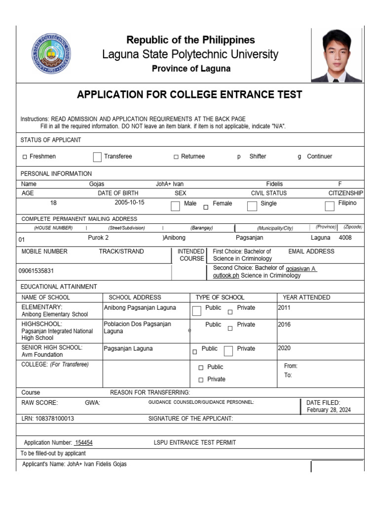 LSPU College Entrance Test Application | PDF