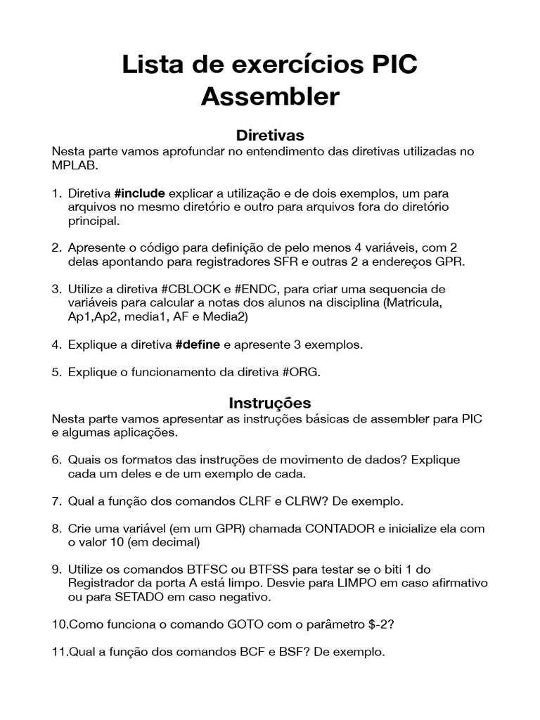 Exercícios de Assembler para PIC | PDF | Linguagem Assembly | Parâmetro ...