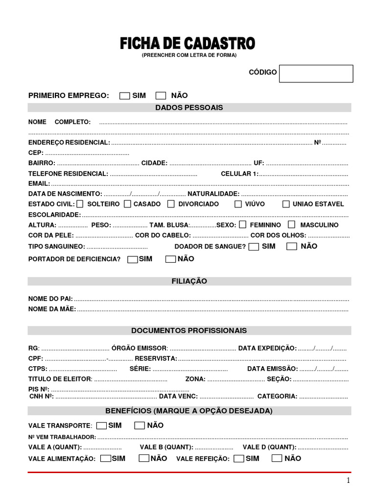 Formulário Ficha De Cadastro Contratacao Atual Pdf