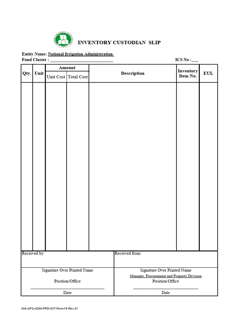 Inventory Custodian Slip Form PDF