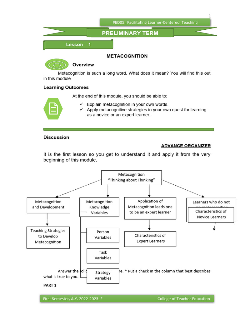 Metacognition and Study Habits Assessment | PDF | Career & Growth