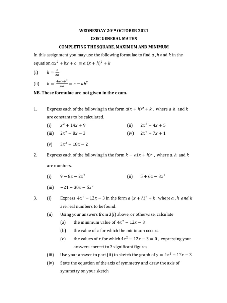 Completing the Square in Quadratics | PDF | Mathematical Relations ...
