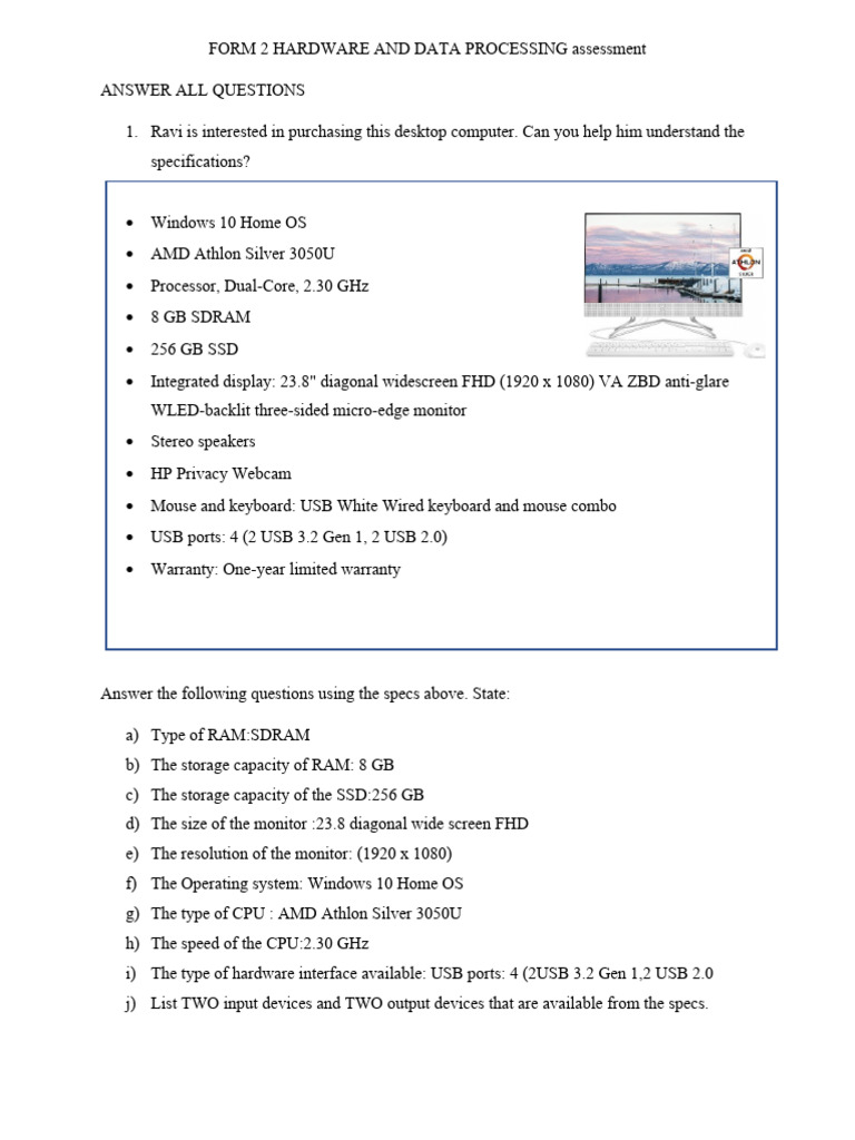 FORM 2 HARDWARE AND DATA PROCESSING Assessment | PDF | Computer ...