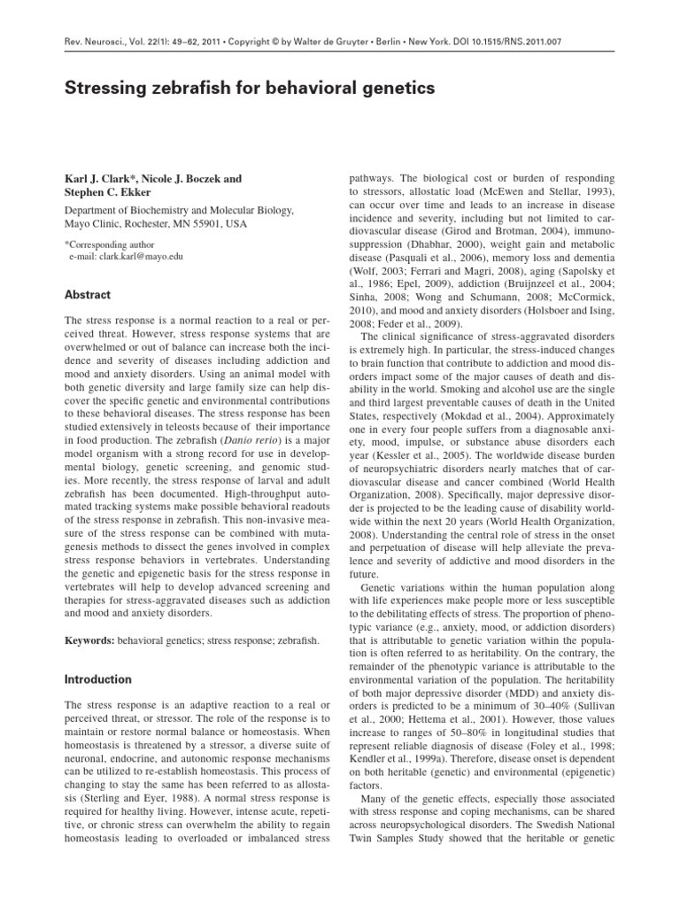 Clark Et Al - 2011 - Stressing Zebrafish For Behavioral Genetics | PDF