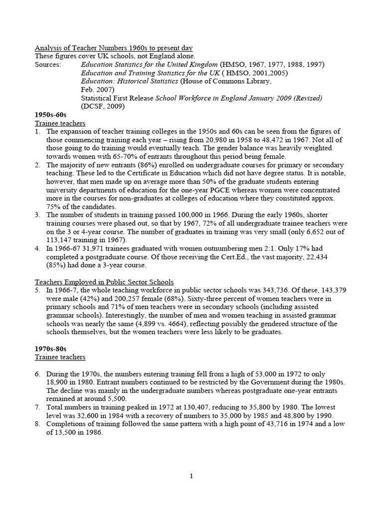 Analysis Of Teacher Numbers 1960s To Present Day Pdf Teachers Schools
