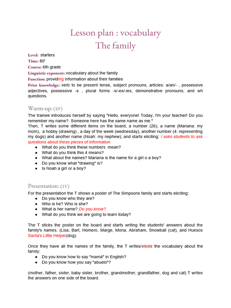 Family Vocabulary Lesson Plan | PDF | Bart Simpson | Cognitive Science