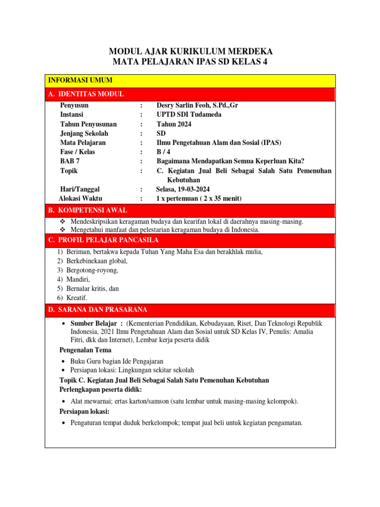 Modul Jual Beli Kelas 4 Kurikulum Merdeka | PDF