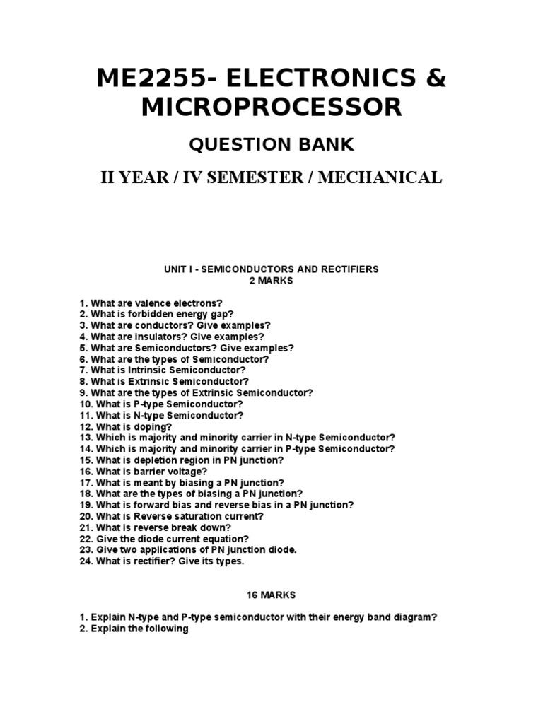 Electronics & Microprocessor Question Bank | PDF | P–N Junction ...