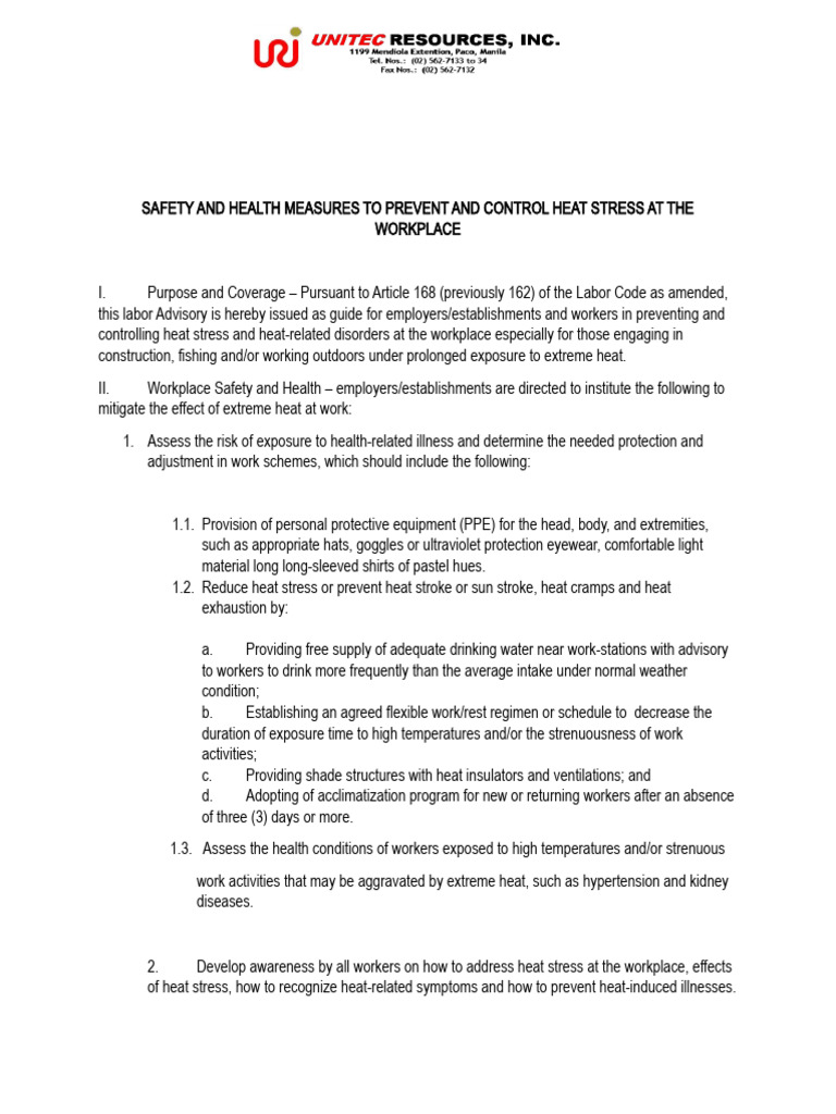 Safety and Health Measures To Prevent and Control Heat Stress at The