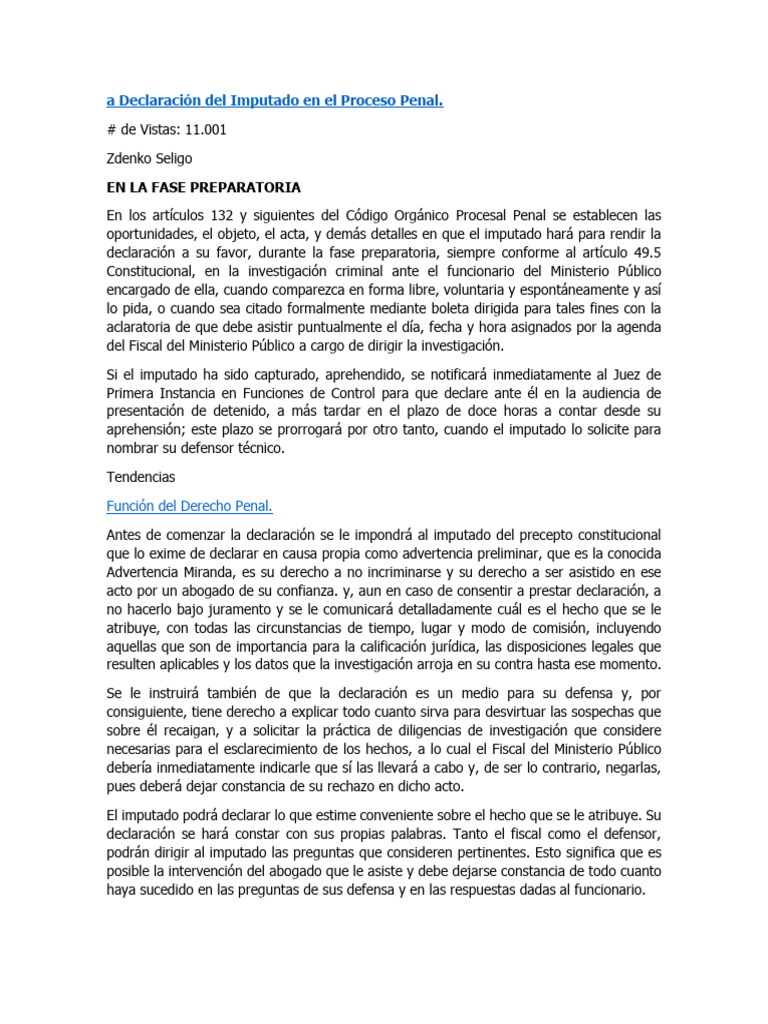 Declaración del Imputado en Proceso Penal | PDF | Procedimiento ...