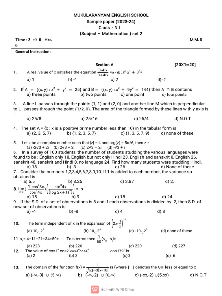 Class XI Mathematics Sample Paper 2023-24 | PDF | Triangle | Standard ...