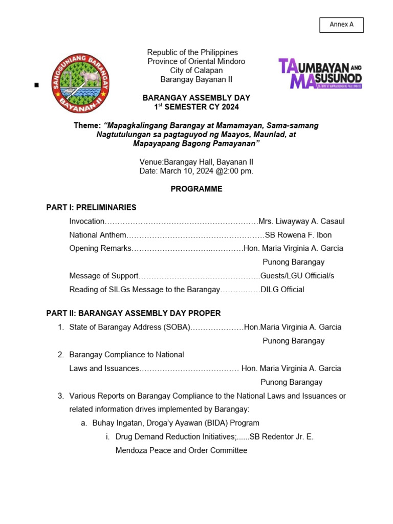 Barangay Assembly Program 2024 | PDF